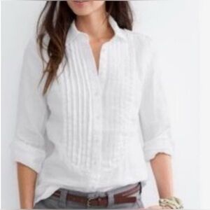 Banana Republic White 100% Linen Pin Tucked Tuxedo Shirt Button Down Blouse SP